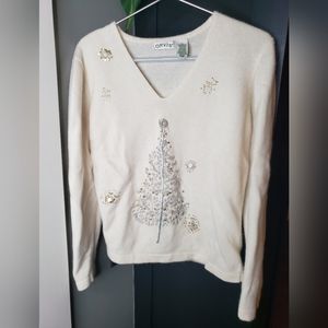 Vintage Orvis cream tree embroidered embellished sweater size medium
